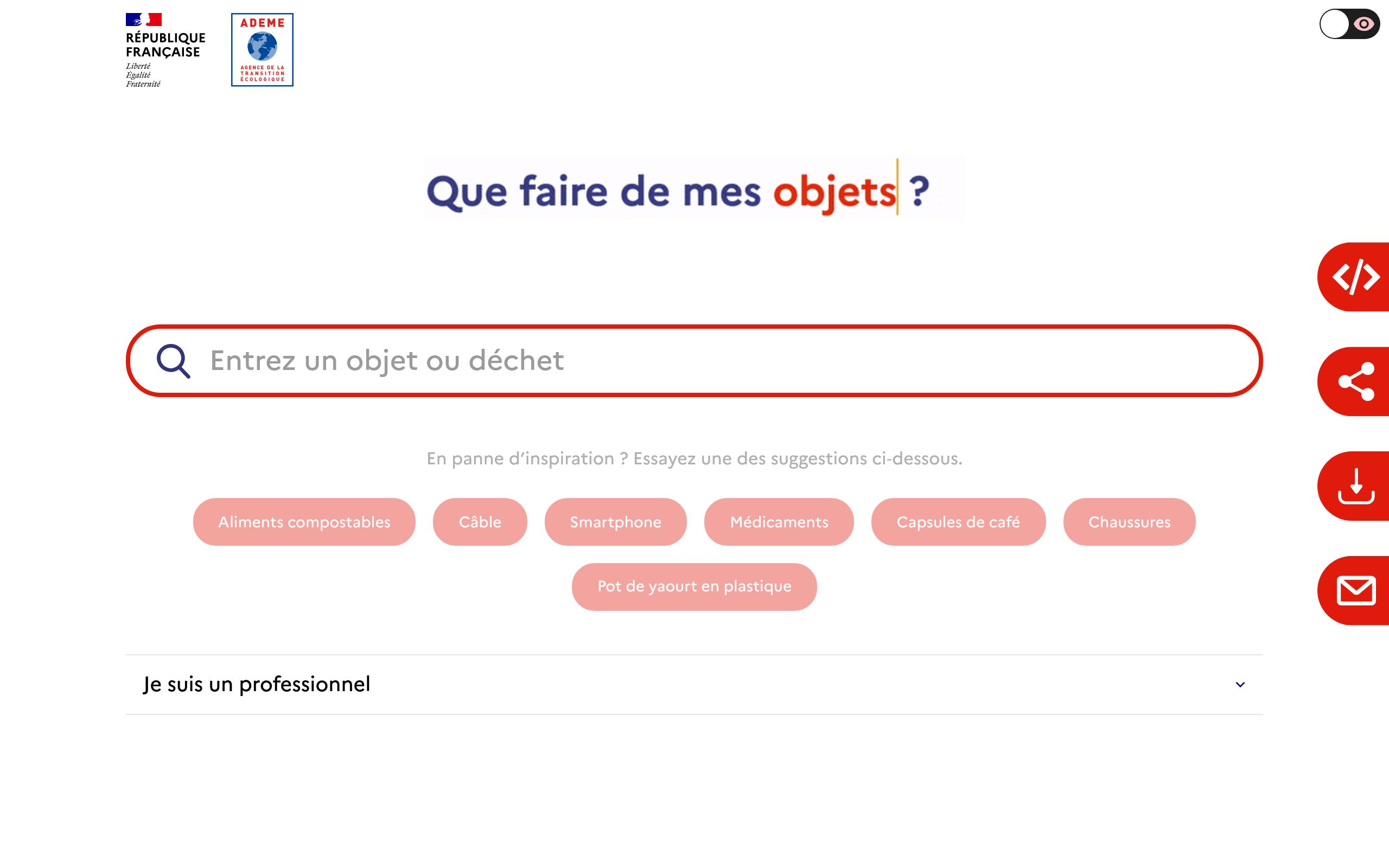 Copie d'écran de https://quefairedemesdechets.ademe.fr